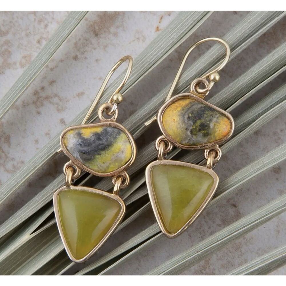 Barse Hinged Yellow Bumblebee Jasper Golden Drop Earrings NWT - Picture 2 of 4
